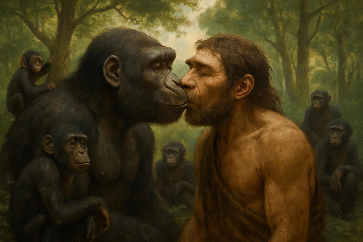 Ape and Neanderthal kissing in a prehistoric forest