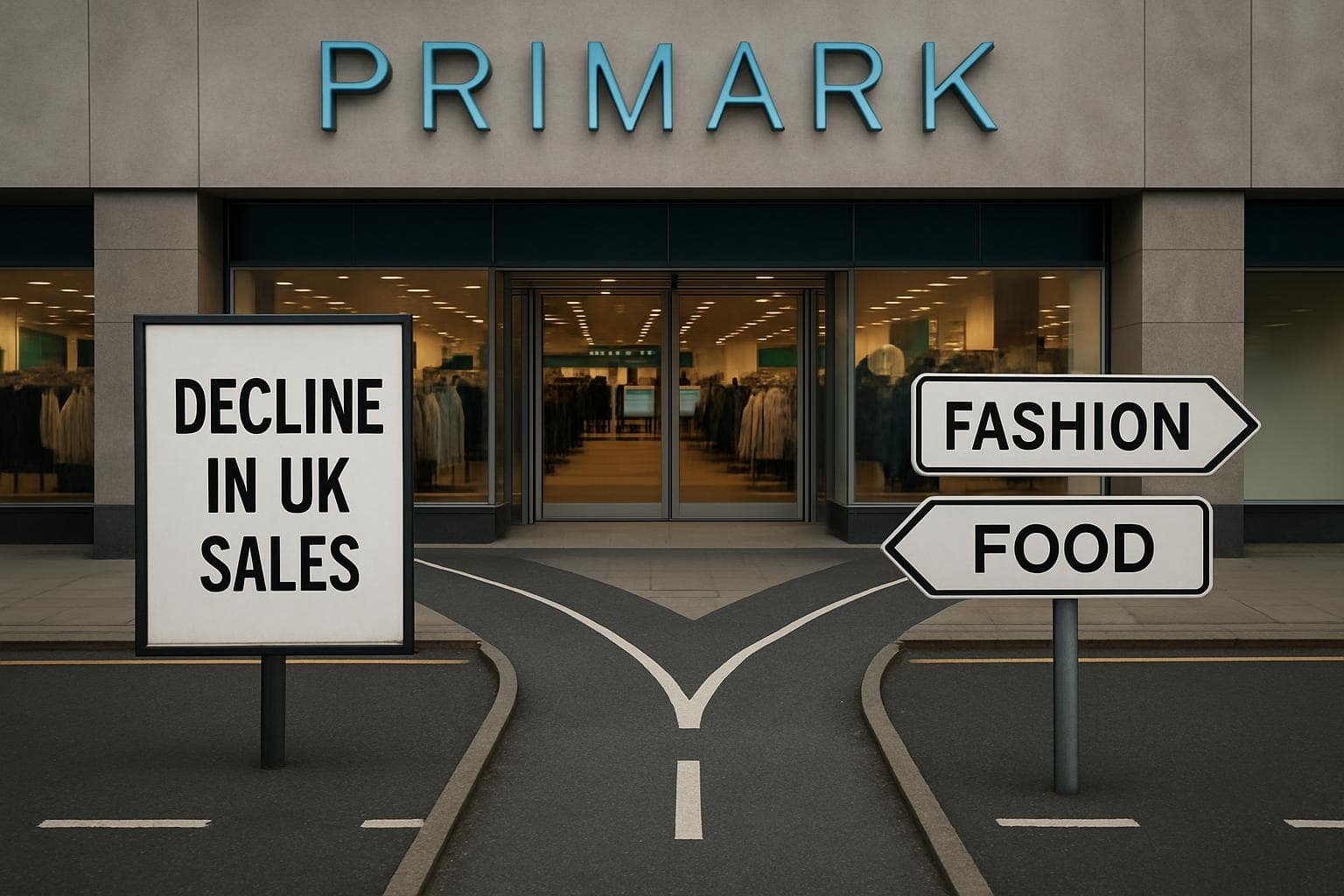 Budget fashion store with decline in UK sales sign and split road