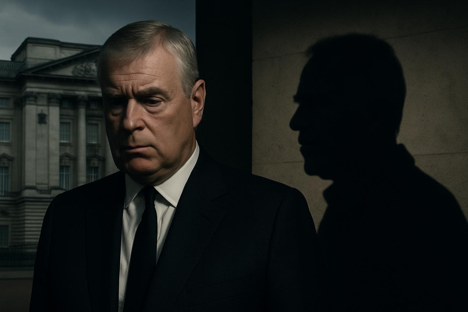 Prince Andrew in a suit with Buckingham Palace and Epstein's silhouette