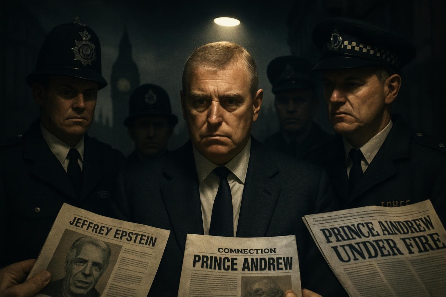 Prince Andrew under spotlight surrounded by police and documents
