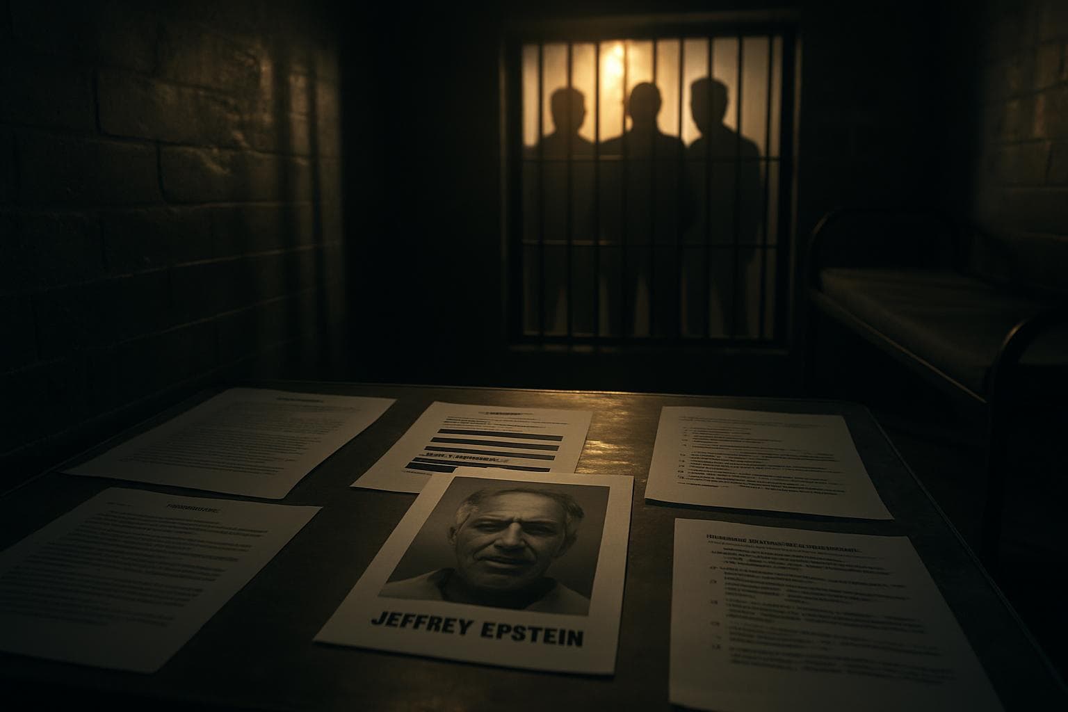 Dimly lit prison cell with documents and shadowy figures