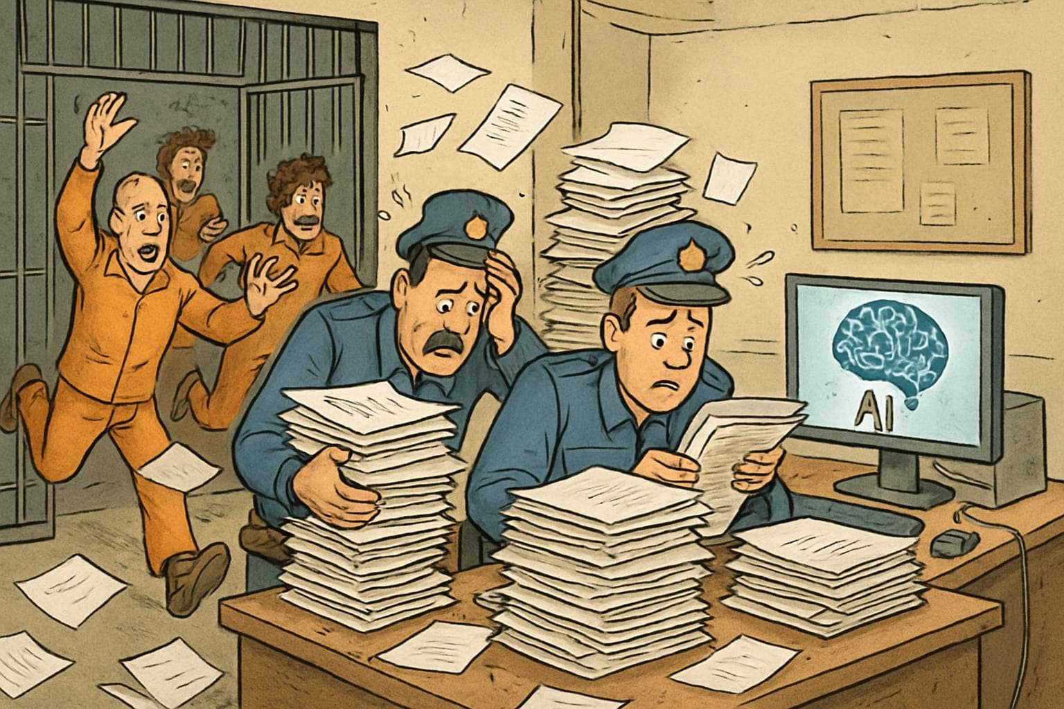 Prison scene with guards, paperwork, and AI technology