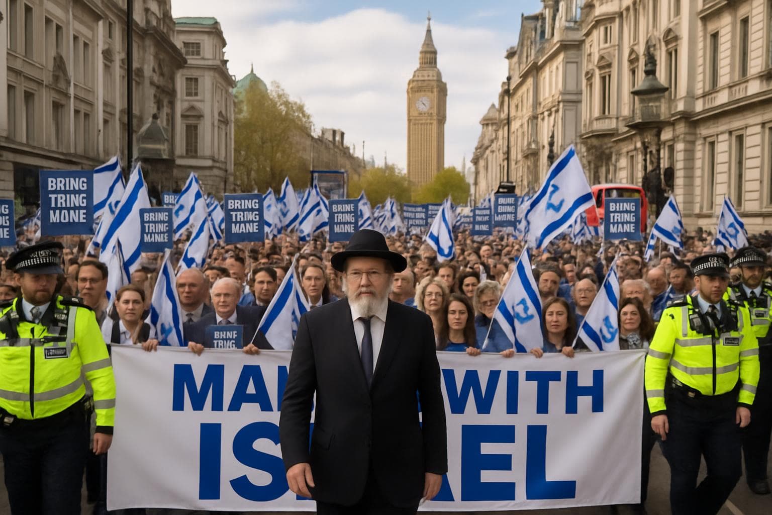 Pro-Israel supporters march in London with placards and banners.