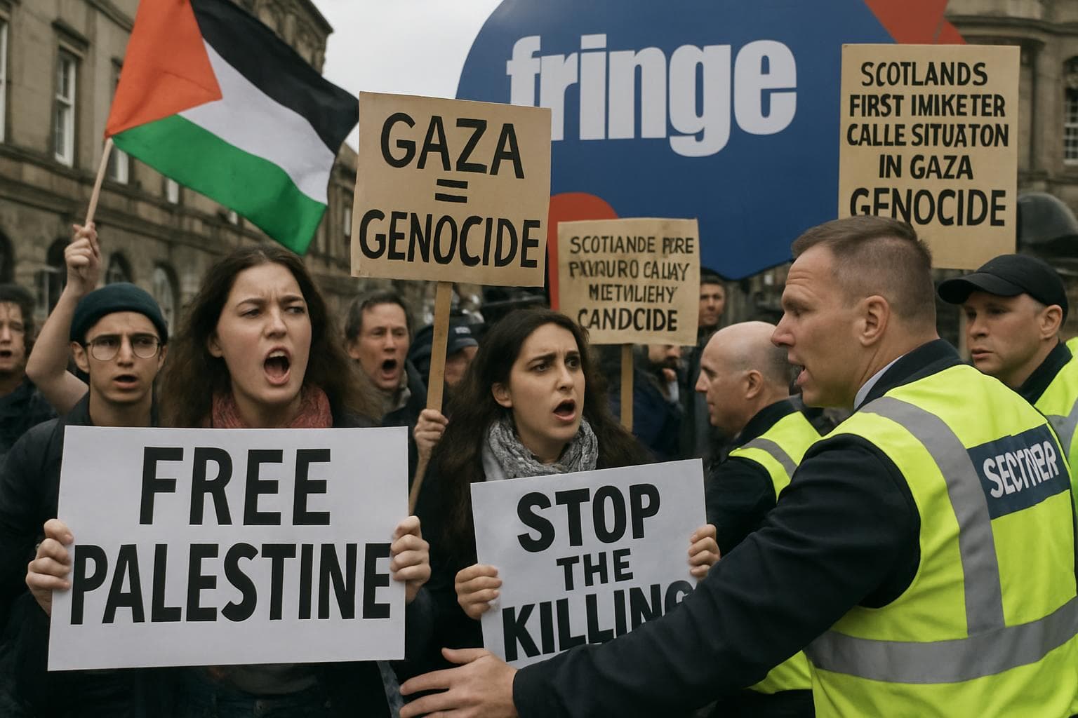 Pro-Palestinian protesters with signs at Edinburgh Fringe