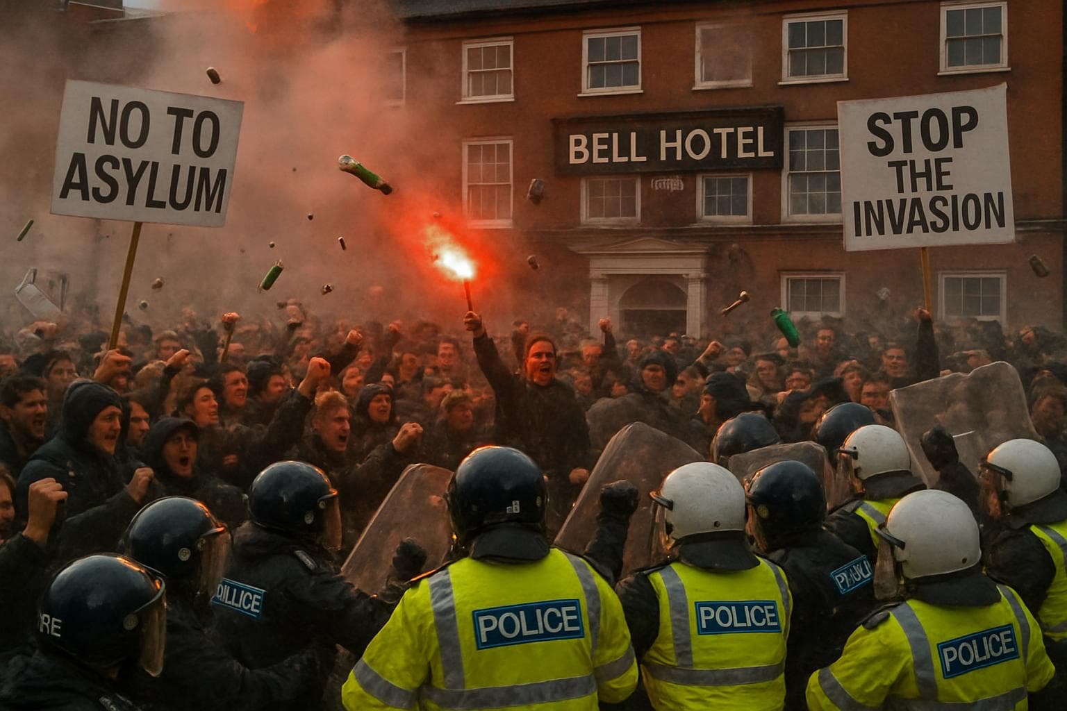 Protestors clashing with police outside Bell Hotel in Essex