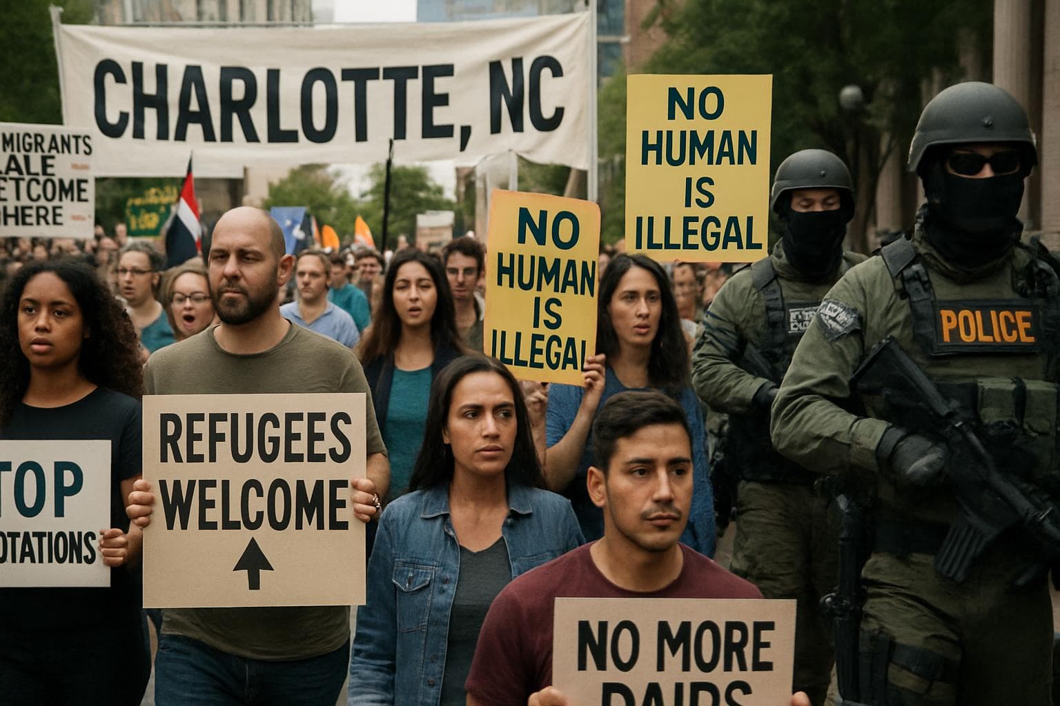Protesters with signs and armed agents in Charlotte, NC