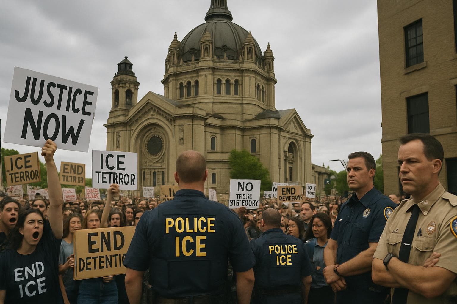 Protesters outside a church in St. Paul holding signs