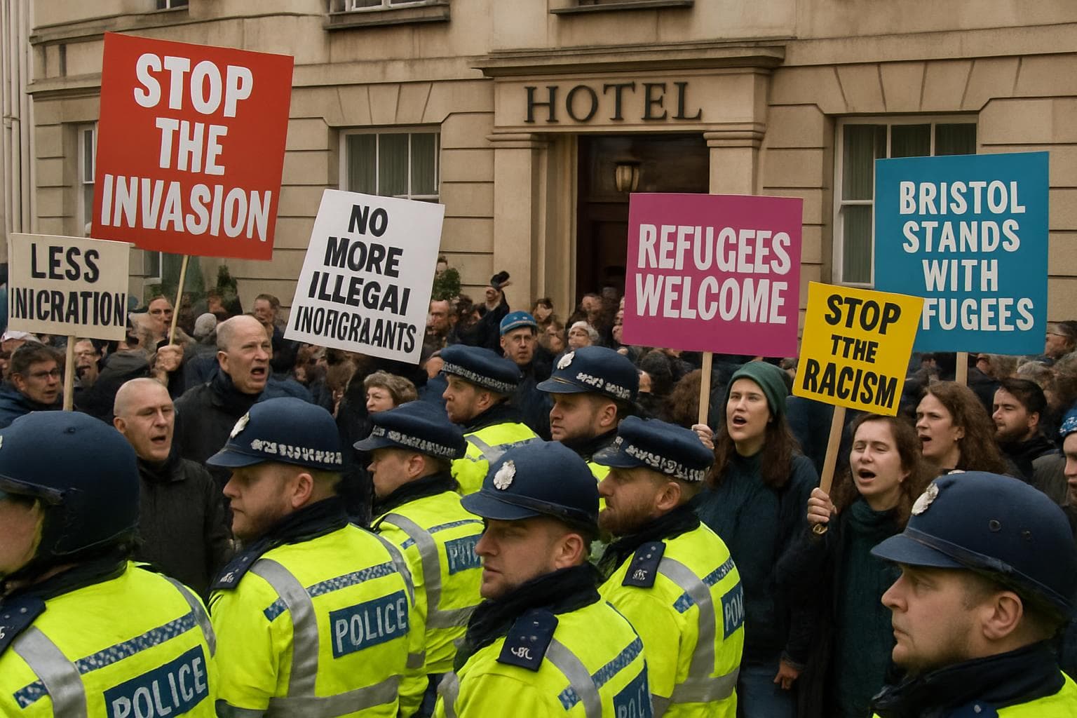 Protesters and counter-protesters with signs outside Bristol hotel