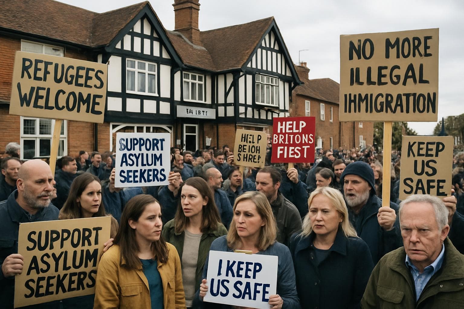 Protesters outside a hotel in Epping with signs for and against asylum seekers