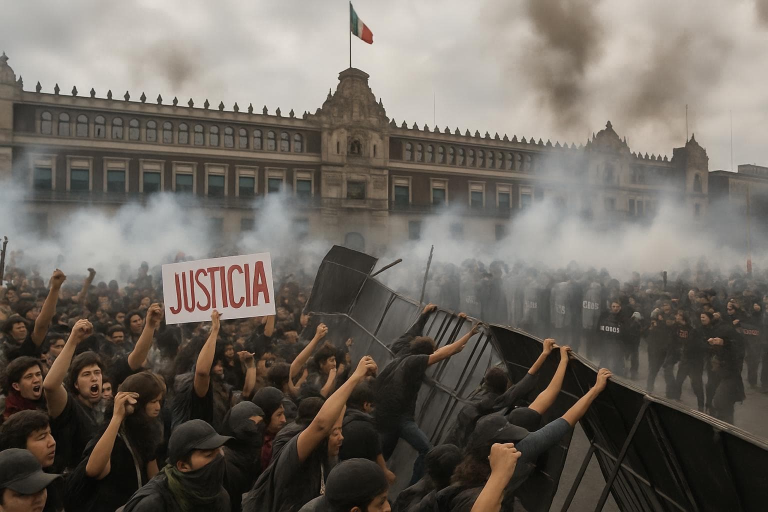Young protesters clashing with police at Mexico's National Palace