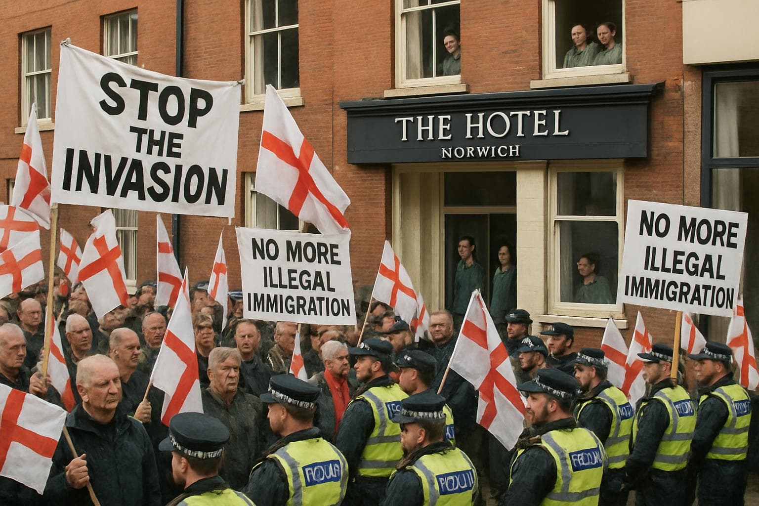 Protesters with St Georges flags outside Norwich hotel