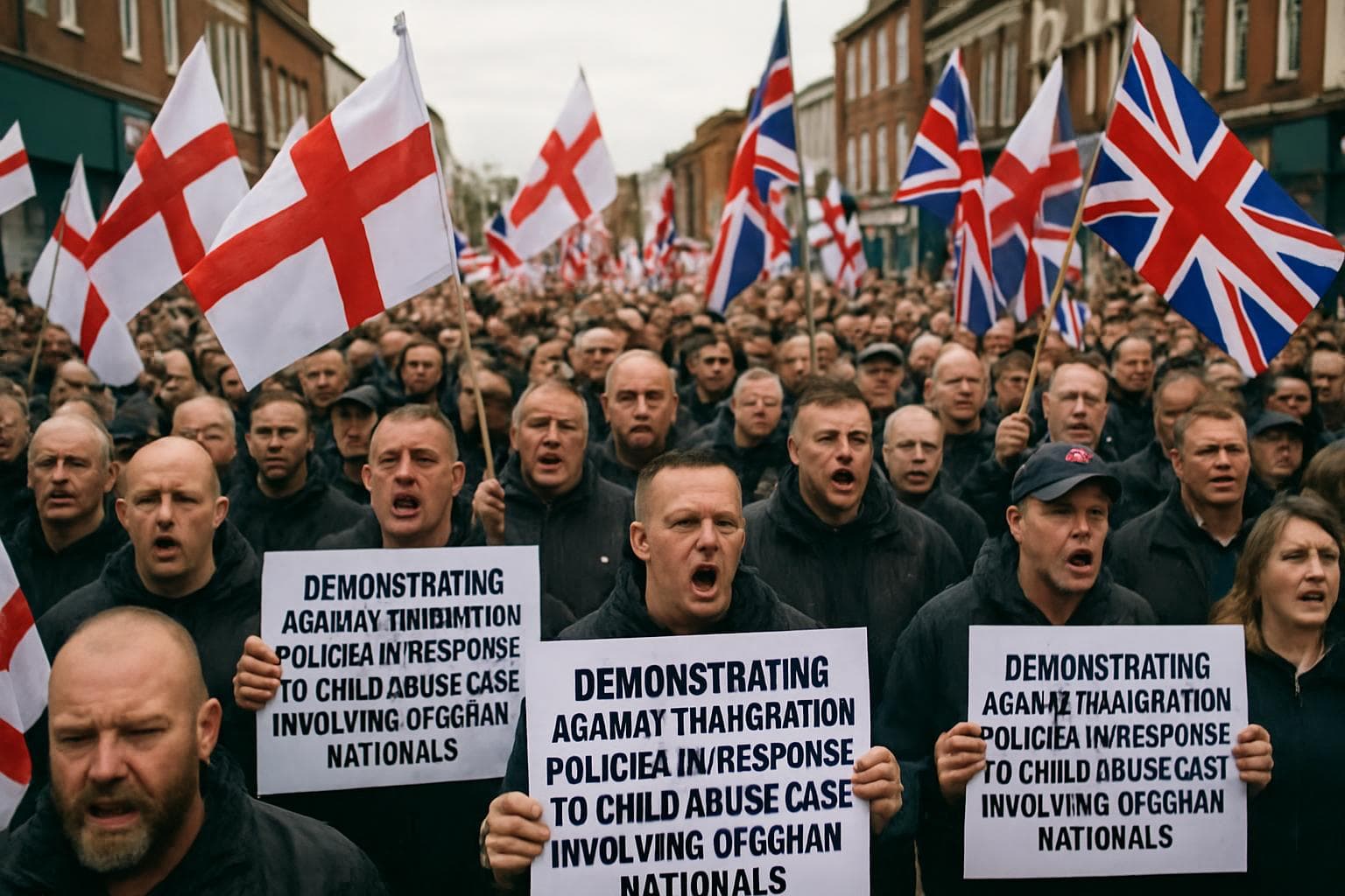 Protesters in Nuneaton with St George's Cross and Union flags