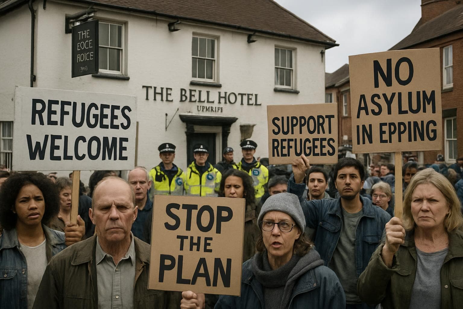Protesters with signs outside The Bell Hotel in Epping