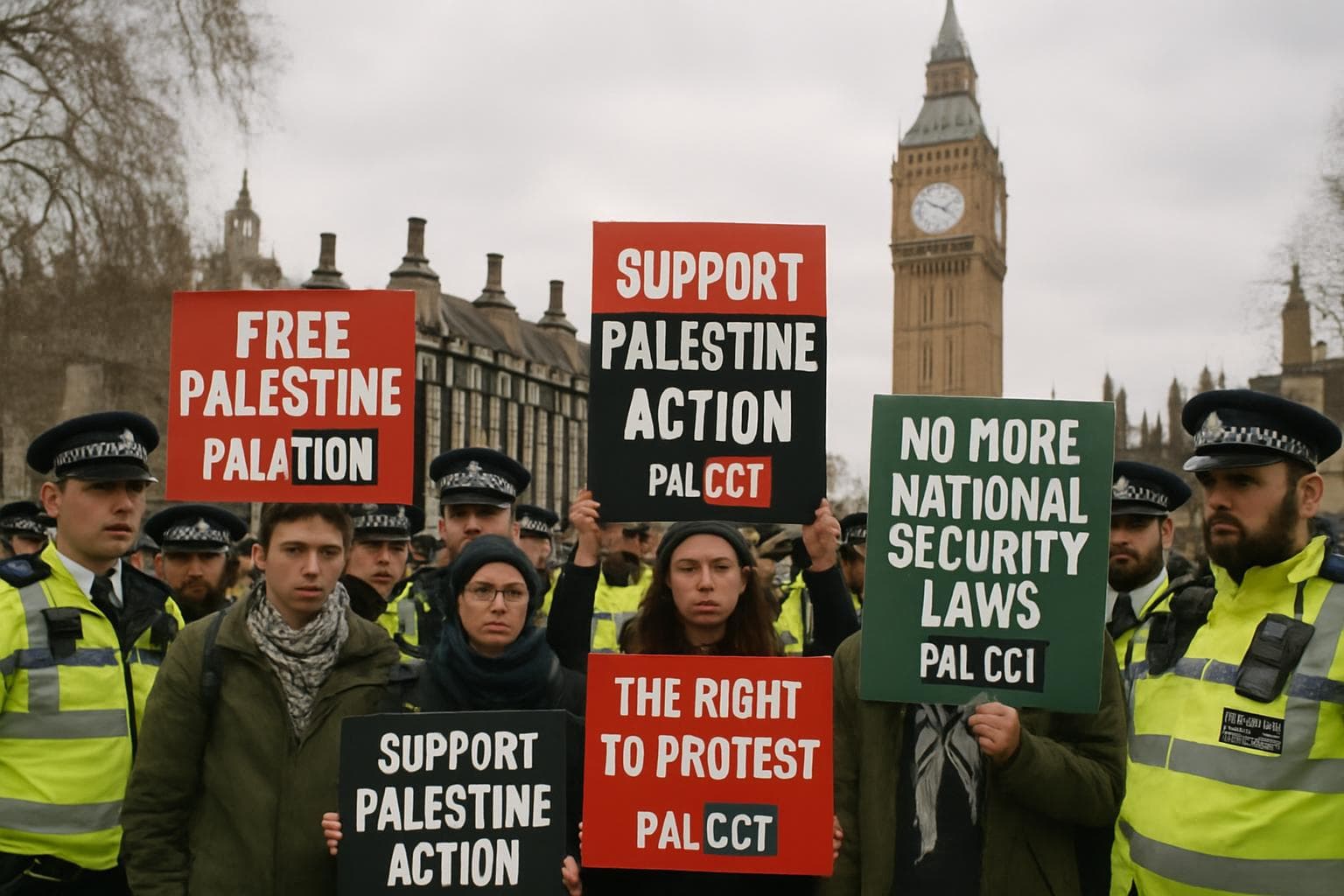 Protesters with placards supporting Palestine Action in Parliament Square