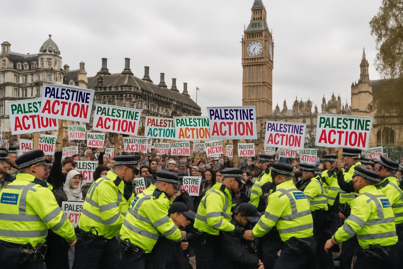 Protesters with placards in Parliament Square, London
