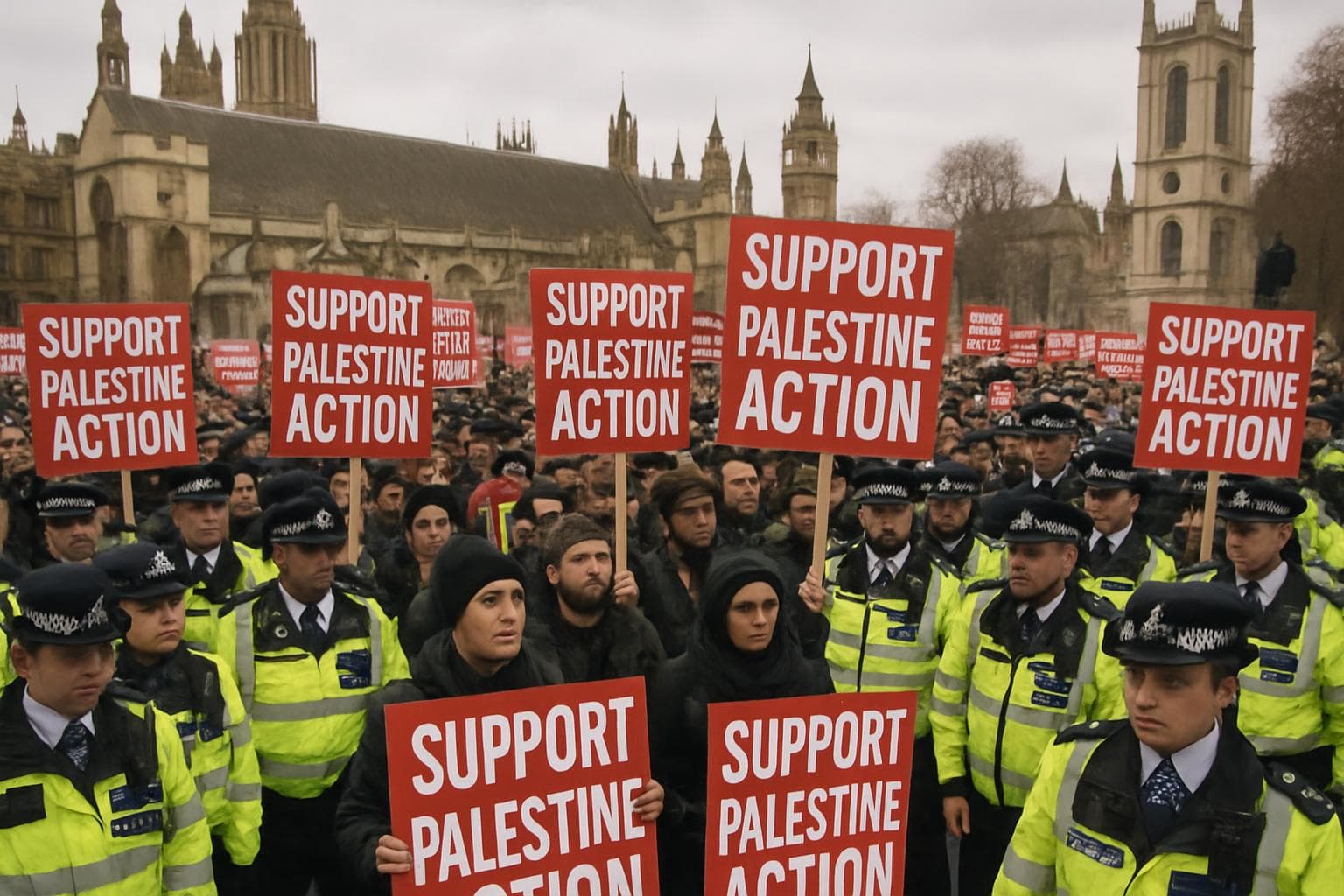Protesters in Parliament Square with Palestine Action placards