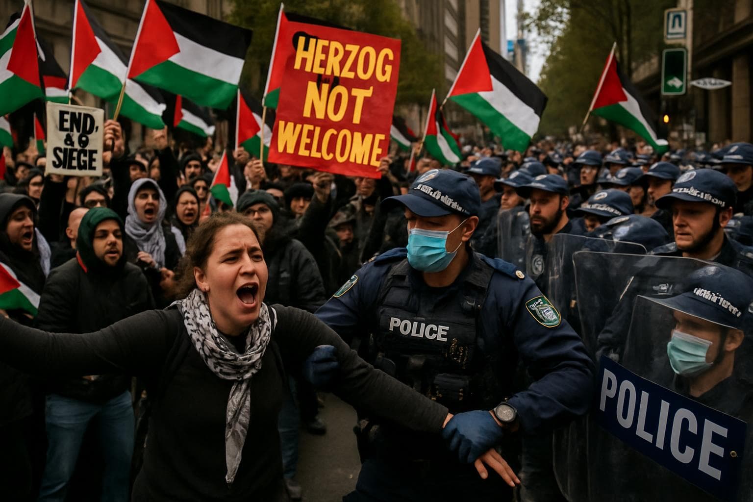 Protesters in Sydney against Israeli President with police presence