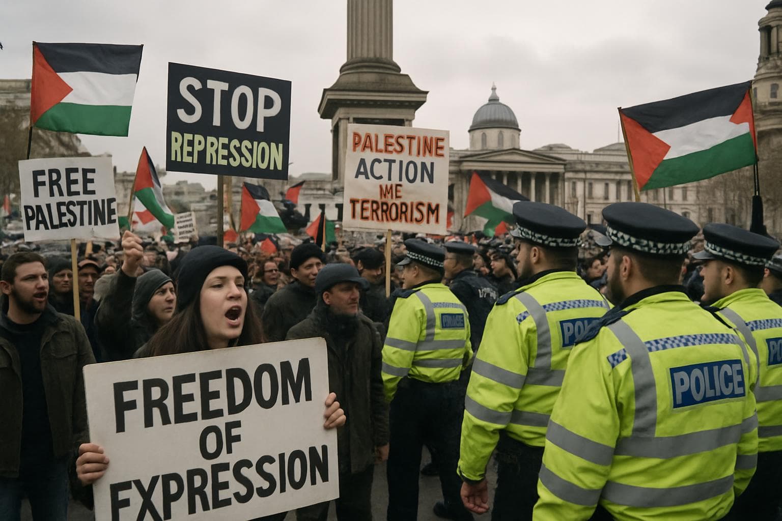 Protesters in Trafalgar Square with police presence