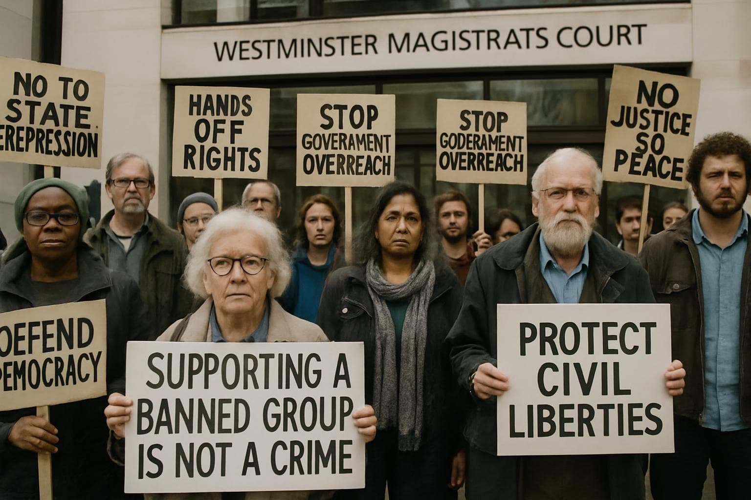 Diverse group of protesters outside Westminster Magistrates Court