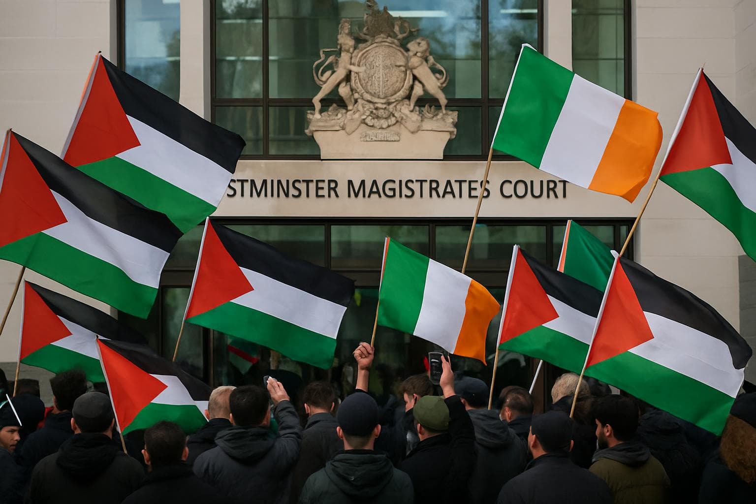 Protesters with Palestinian and Irish flags outside Westminster Court