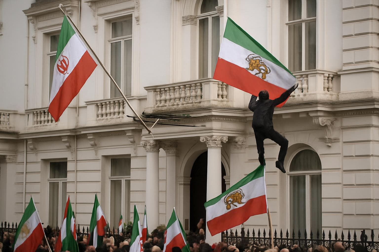 Protester scales Iranian embassy in London to replace flag