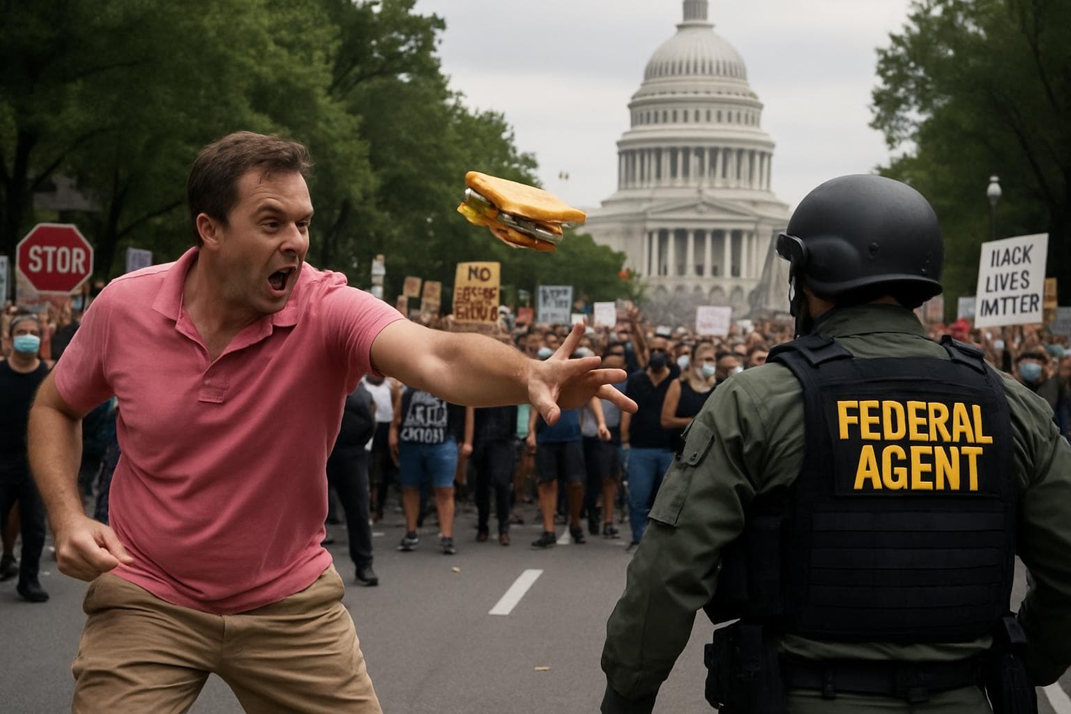 Man in pink polo shirt throws sandwich at federal agent