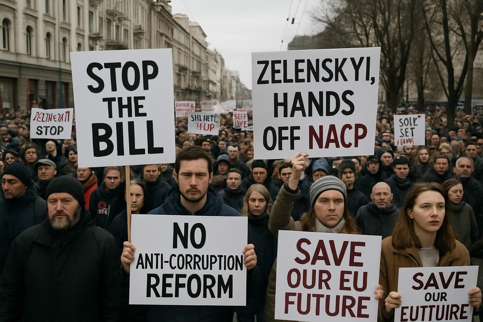 Protesters in Kyiv holding signs against Zelensky's bill