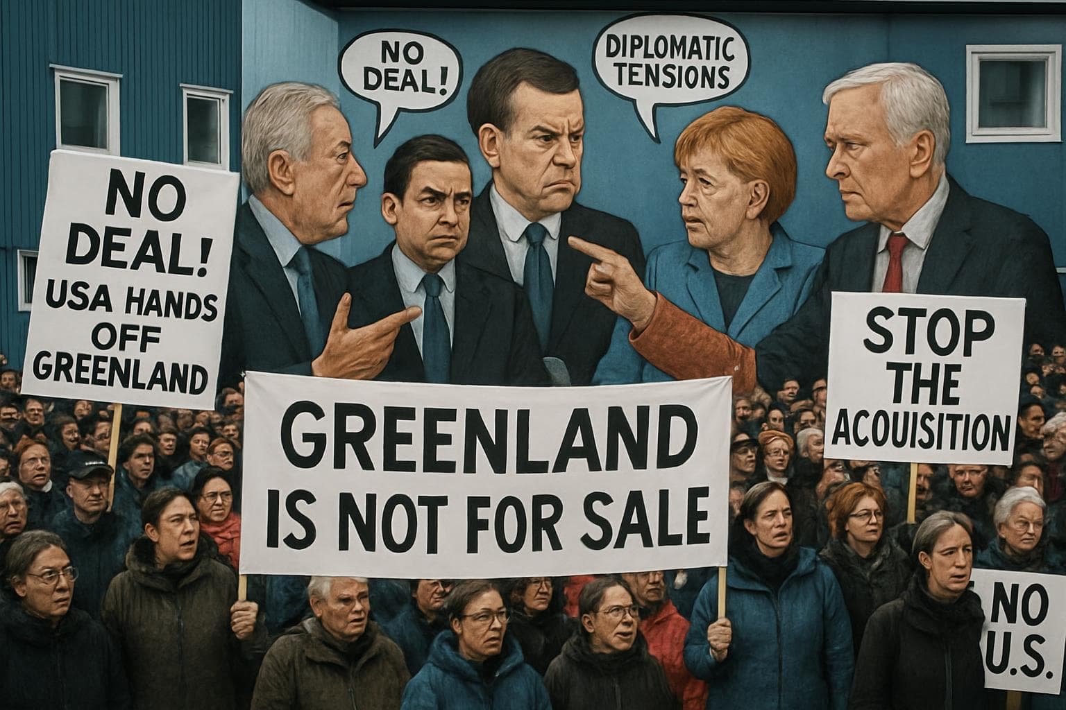 Protesters in Nuuk, Greenland, with banners against US acquisition