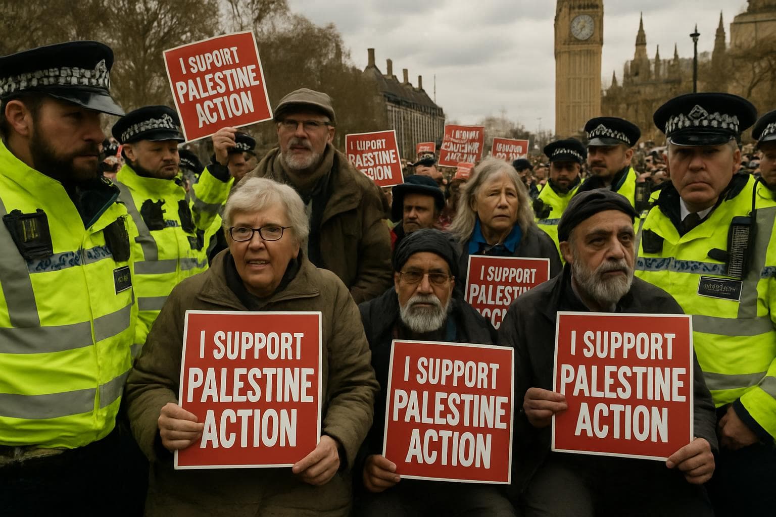 Older protesters with placards supporting Palestine surrounded by police.