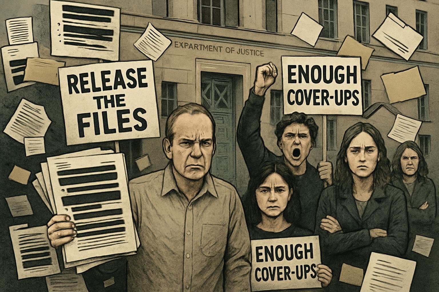 Protesters with redacted files outside government building