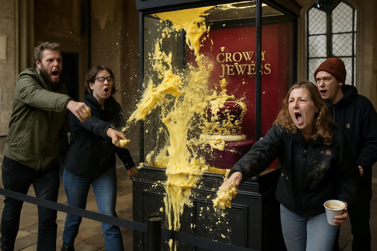 Protesters throwing custard and apple crumble at Crown Jewels display.