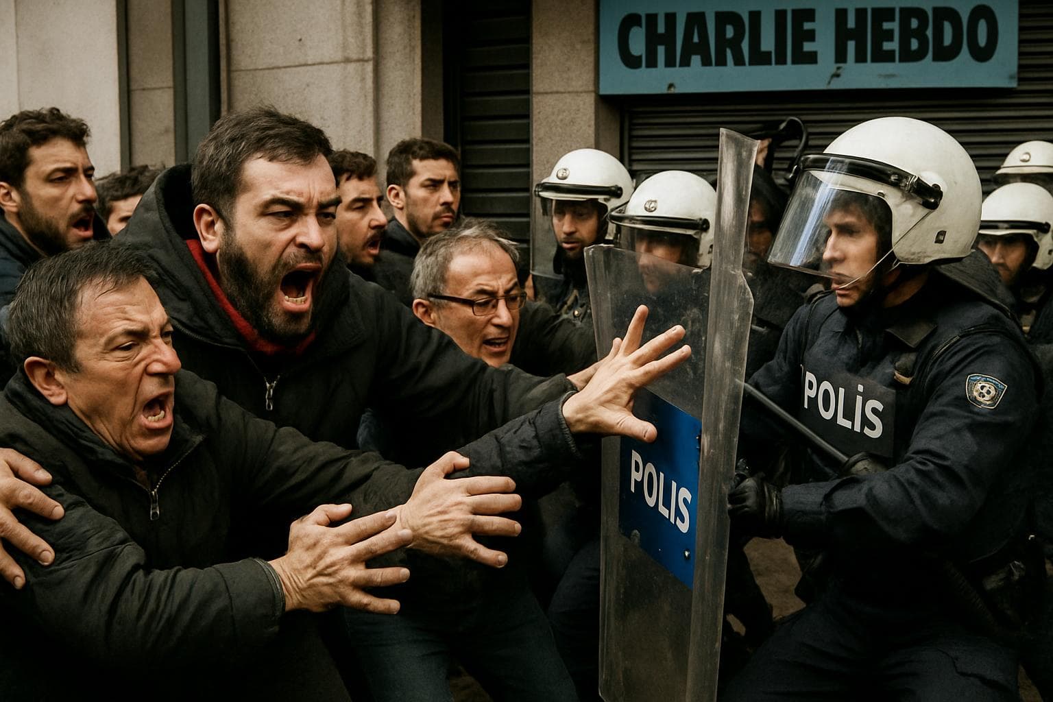 Protesters clashing with Turkish riot police outside a magazine office