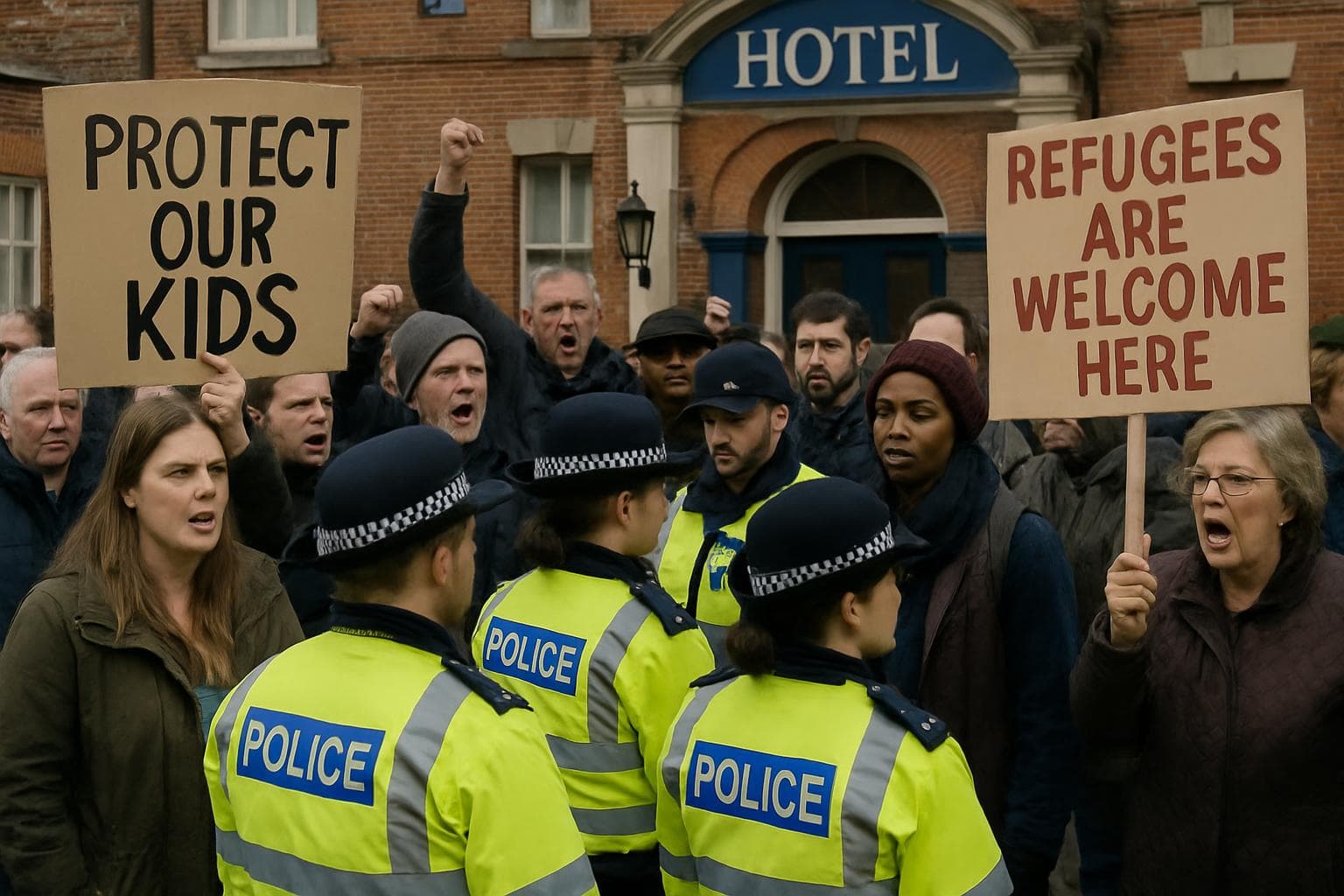 Protesters with opposing signs outside a UK hotel with police present.