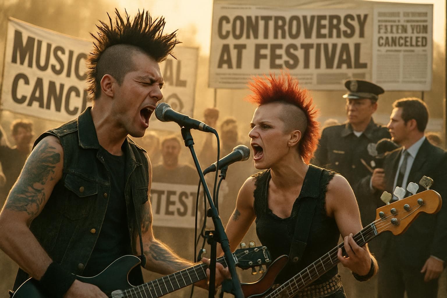 Punk duo performing at a music festival with protest backdrop.