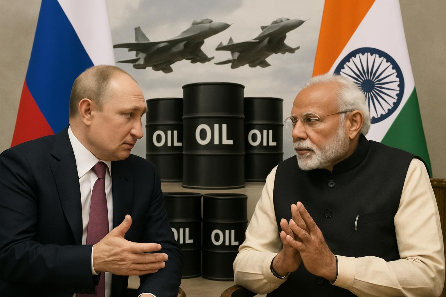 Putin and Modi discussing with oil barrels and fighter jets