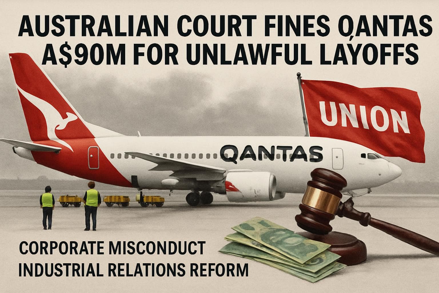 Qantas airplane on tarmac with ground staff