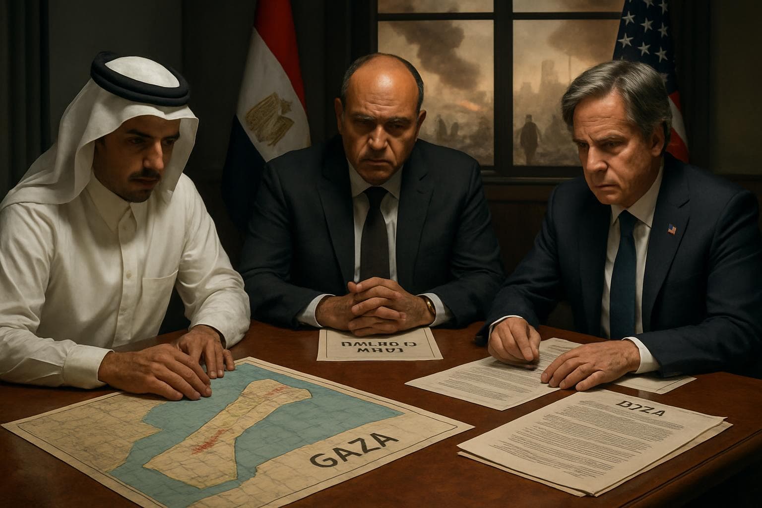 International mediators from Qatar, Egypt, and US in negotiation room