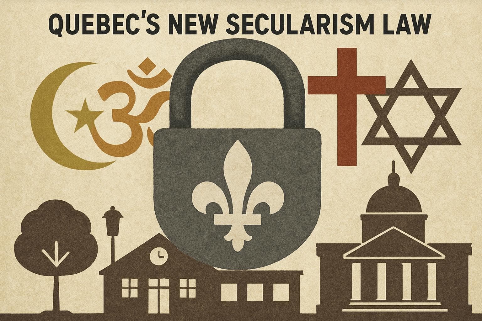 Lock over religious symbols representing Quebec's secularism law