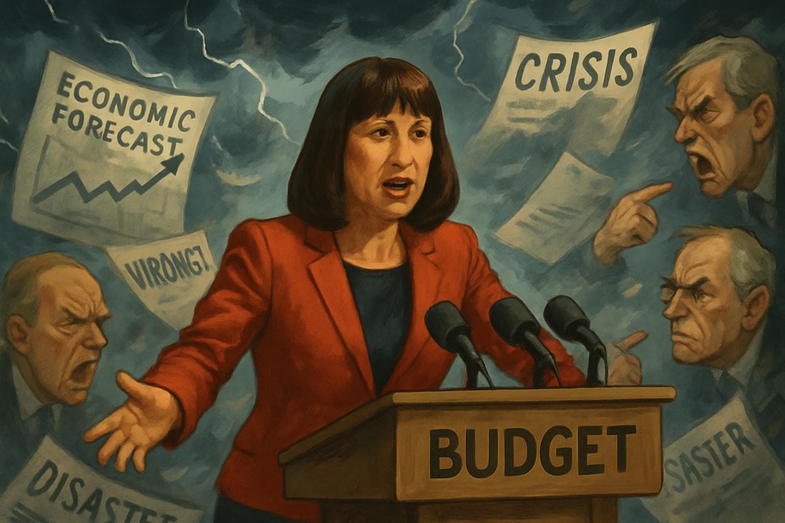 Rachel Reeves at a podium with economic charts in the background