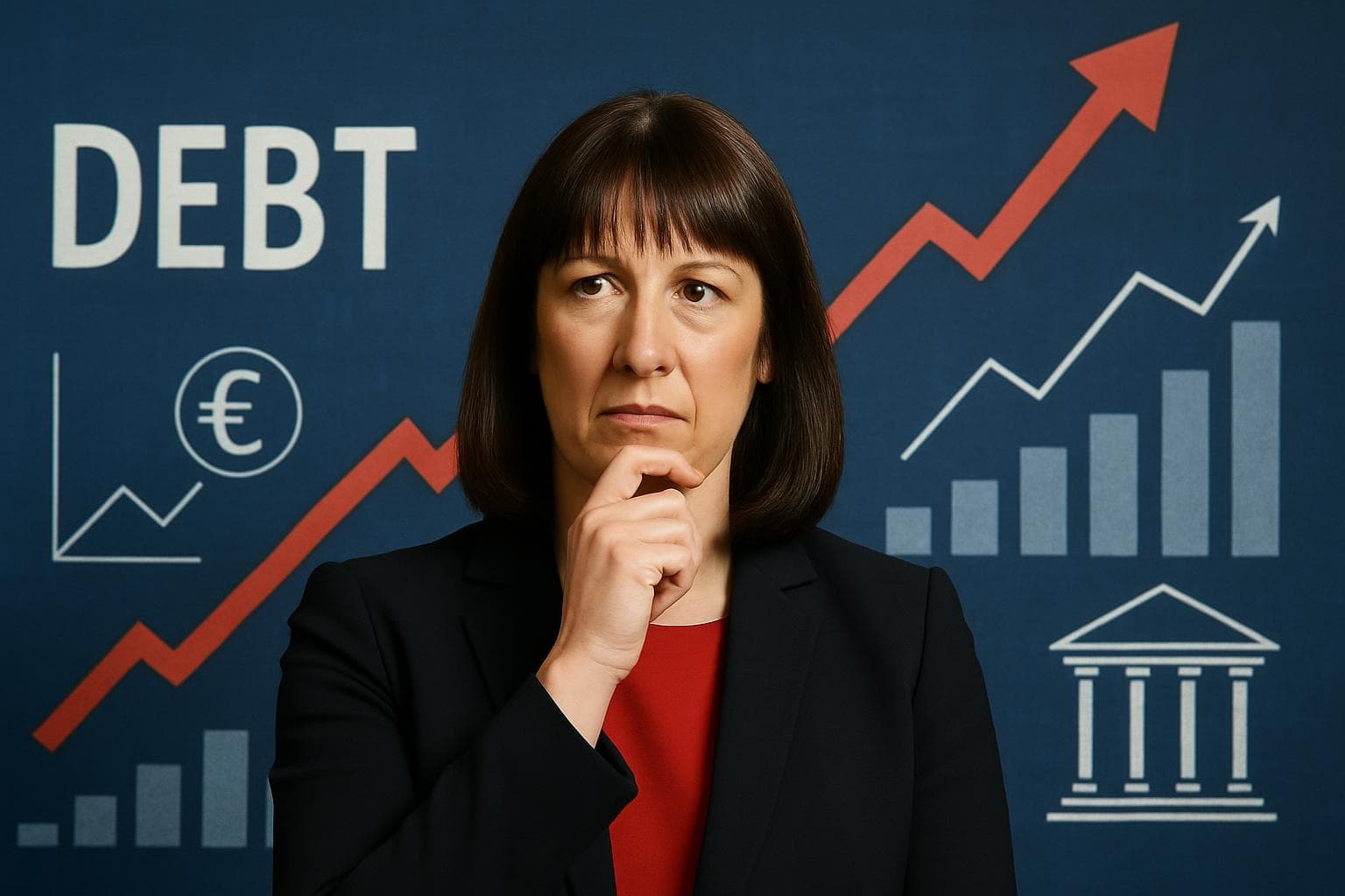 Chancellor Rachel Reeves with rising debt graphs in the background