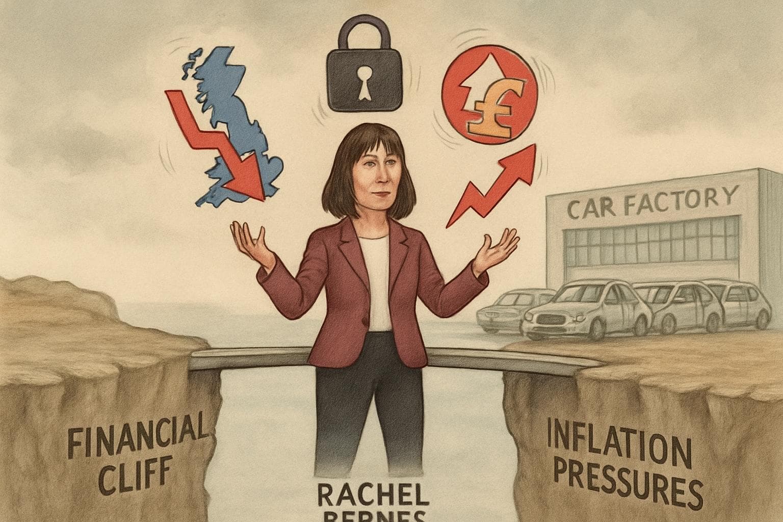 Rachel Reeves juggling economic symbols on a narrow bridge