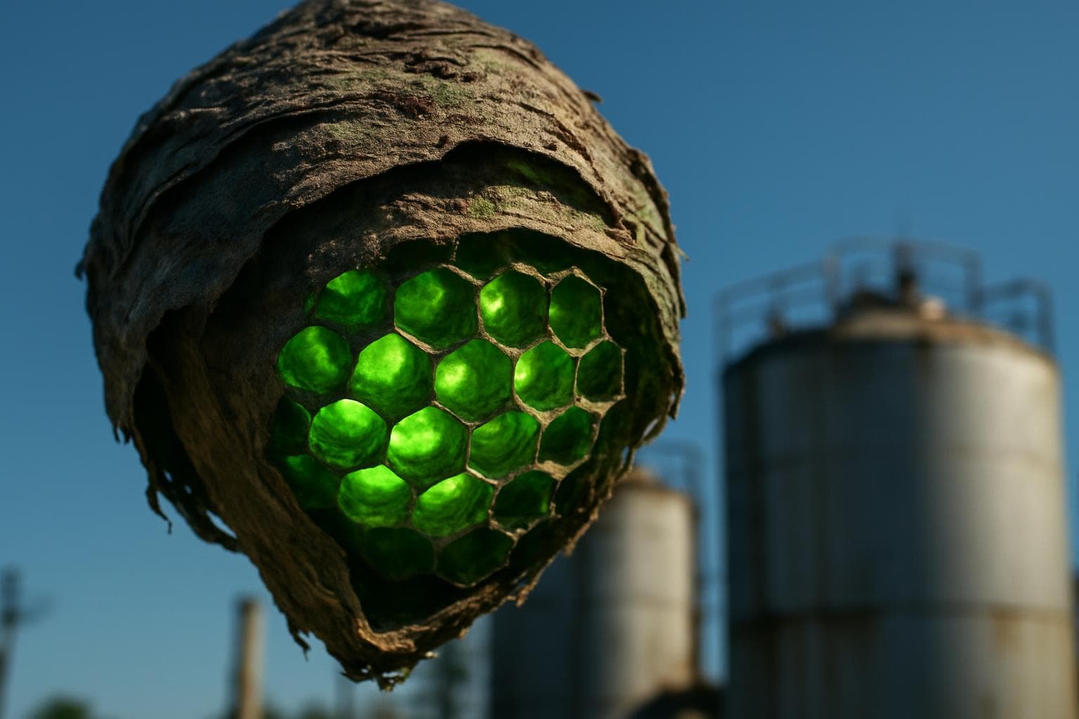 Weathered wasp nest glowing green near industrial tanks