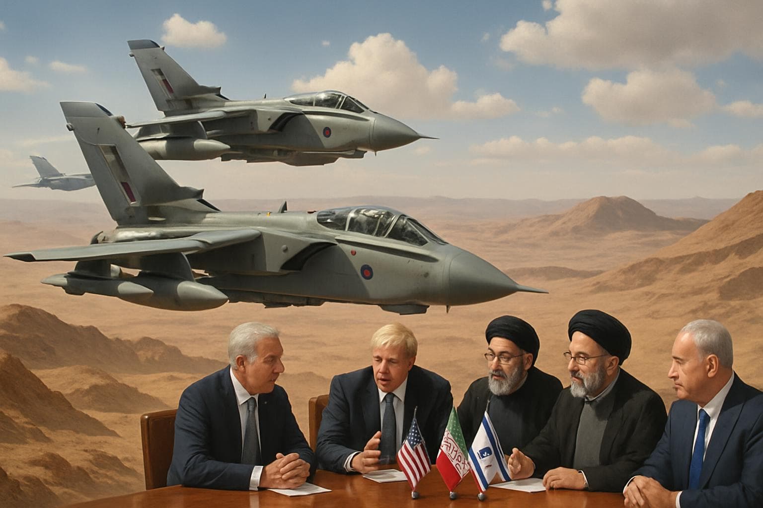 RAF jets flying over a Middle Eastern desert landscape