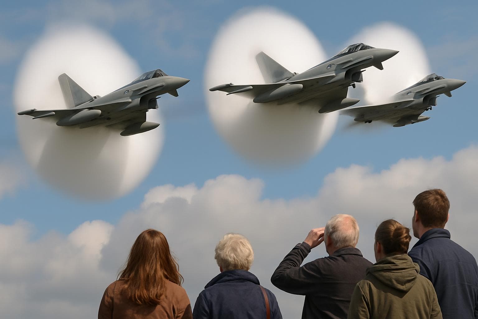 Three RAF Typhoon jets creating a sonic boom over England