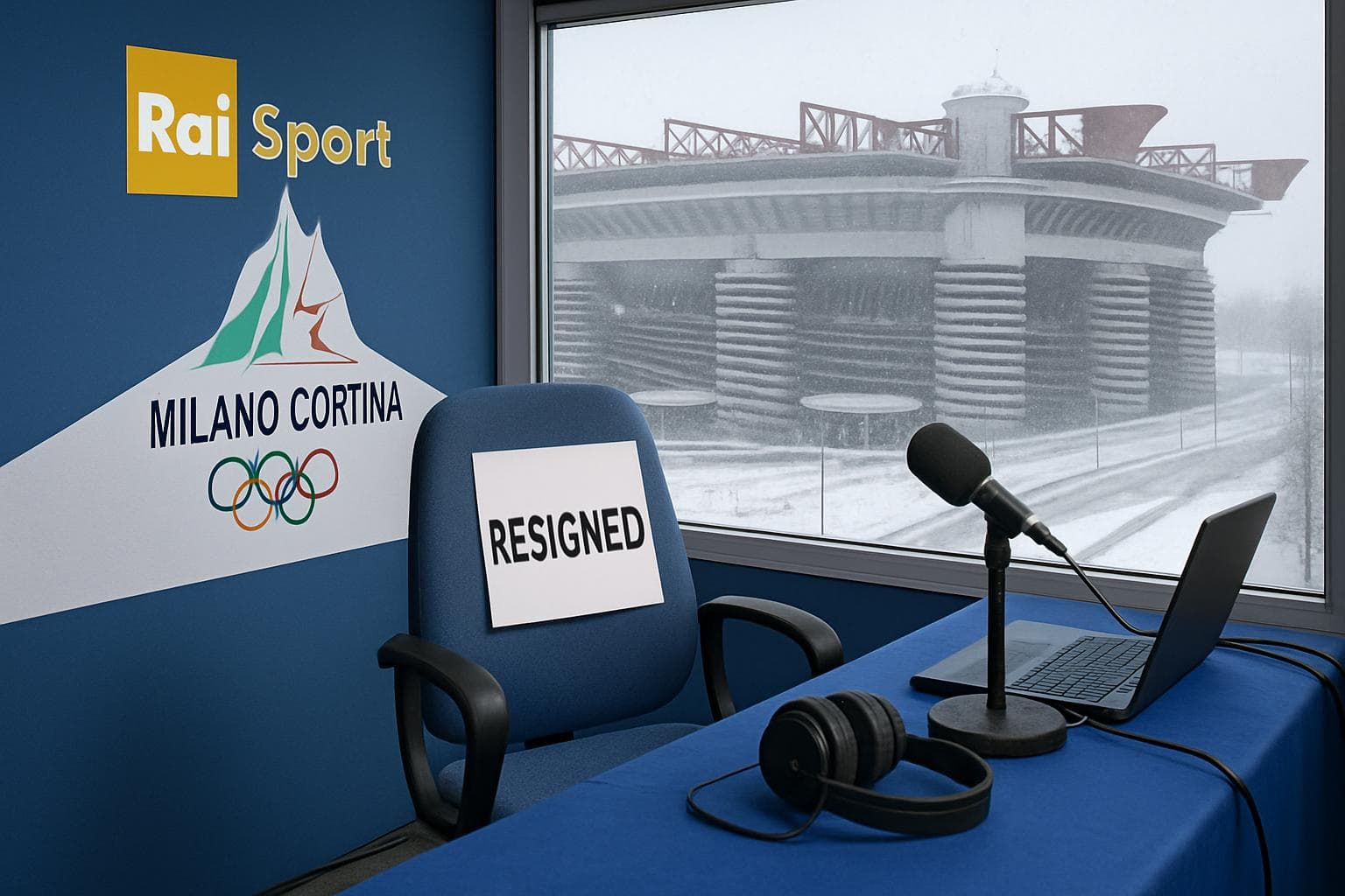 Rai Sport booth at Milan-Cortina Olympics with empty chair