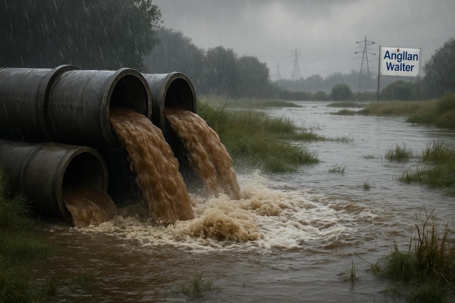 Rain-soaked landscape with overflowing sewage pipes