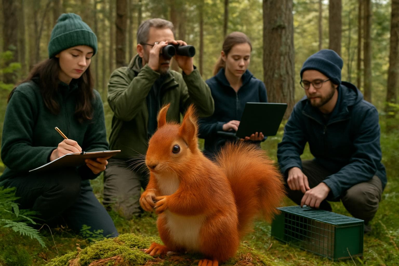 Red squirrel in a Scottish forest with conservation volunteers.