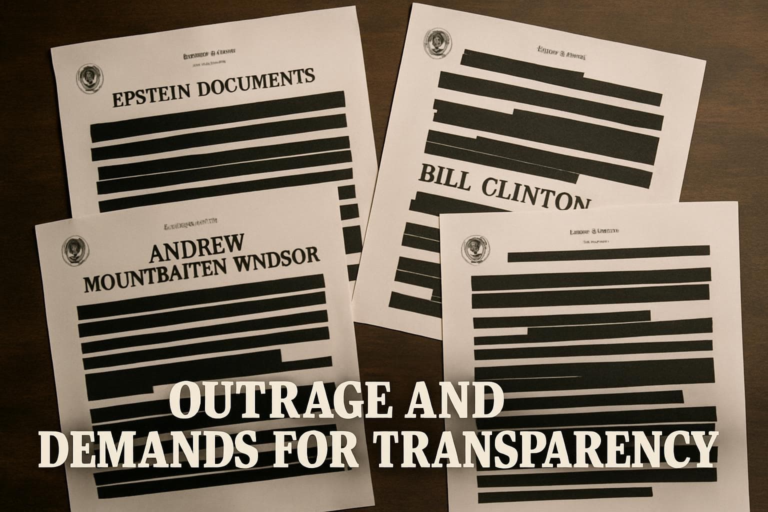 Redacted documents featuring names of Jeffrey Epstein, Bill Clinton, and Andrew Mountbatten-Windsor.