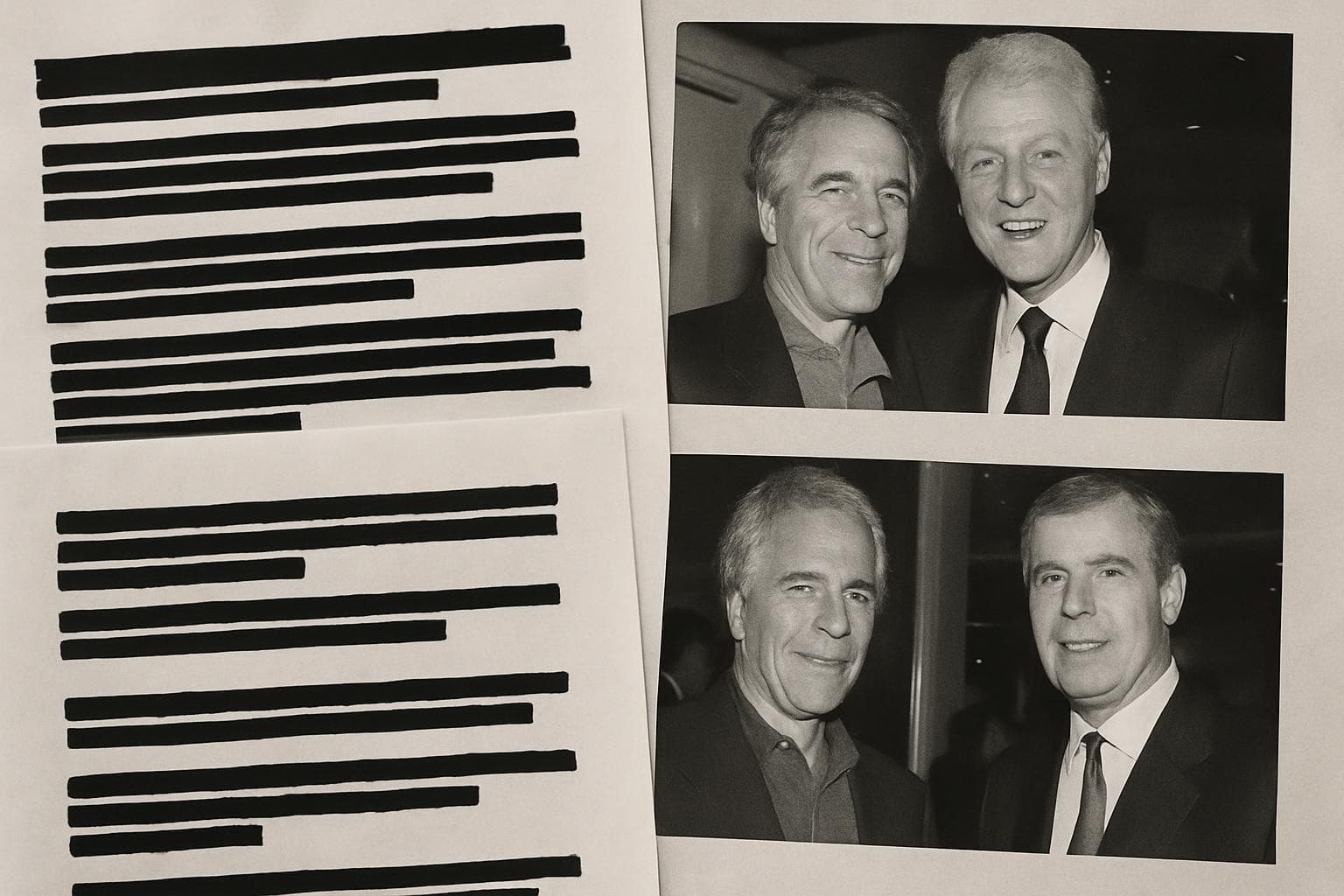 Redacted documents with images of Epstein, Clinton, and Prince Andrew
