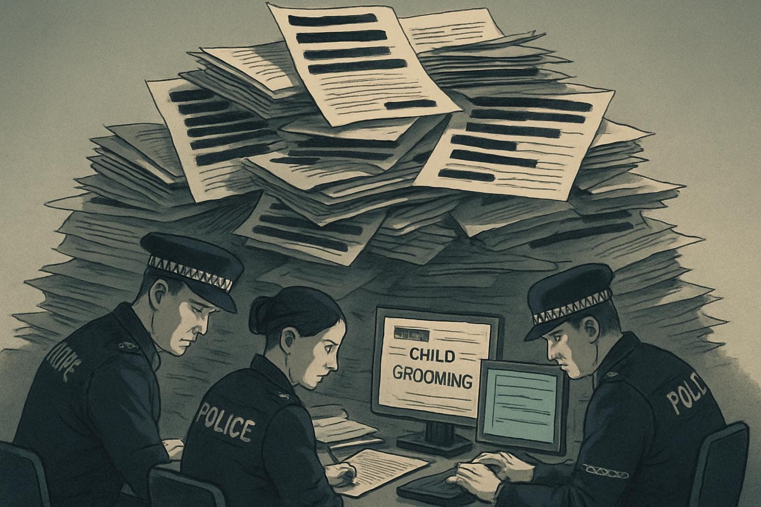 Police officers working with redacted documents on child grooming cases